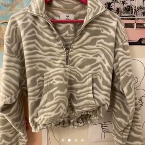 TNA grey and white fuzzy zebra print cropped quarter zipped sweater